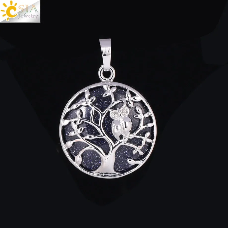 CSJA Tree of Life Pendant Necklace Natural Stone Flat Bead Owl on Trees Crystal Beads Pendants Handmade Reiki Charm Jewelry F337