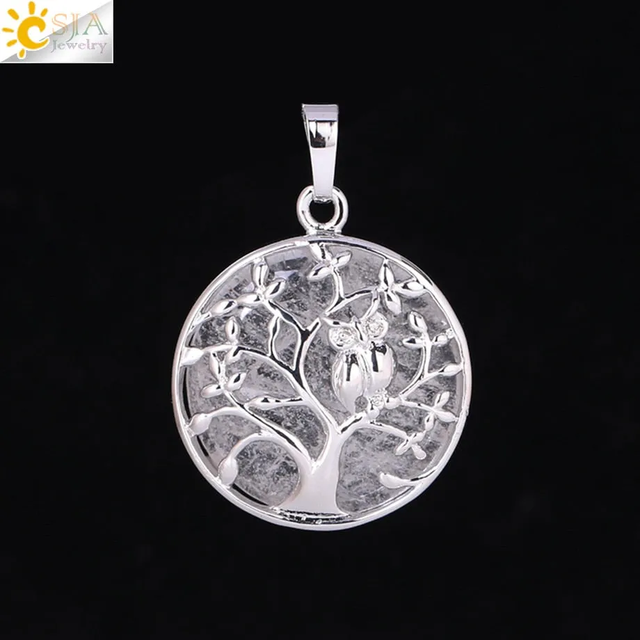 CSJA Tree of Life Pendant Necklace Natural Stone Flat Bead Owl on Trees Crystal Beads Pendants Handmade Reiki Charm Jewelry F337