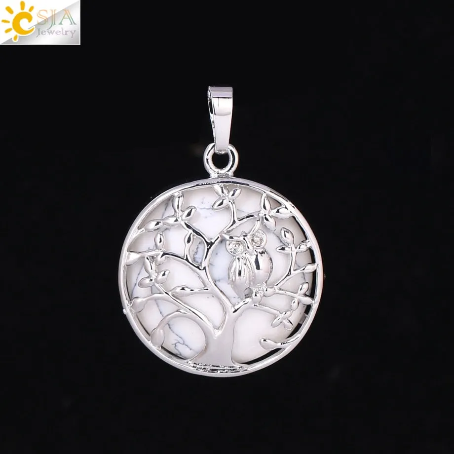 CSJA Tree of Life Pendant Necklace Natural Stone Flat Bead Owl on Trees Crystal Beads Pendants Handmade Reiki Charm Jewelry F337