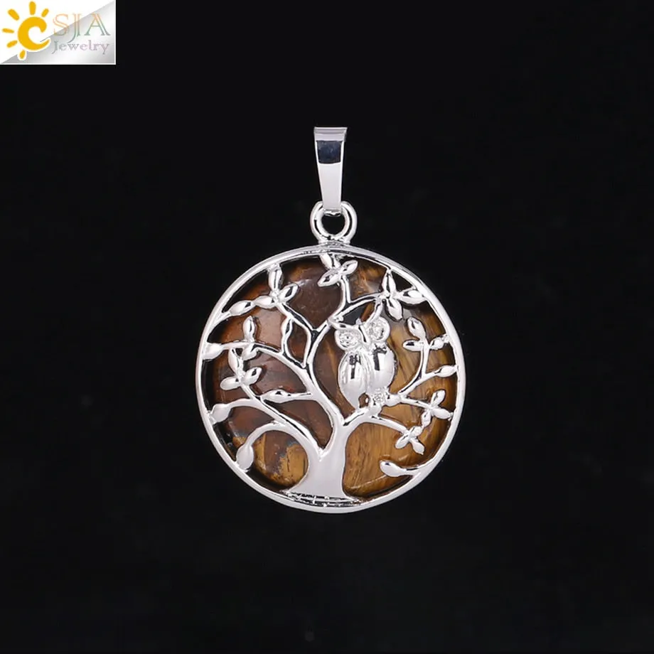 CSJA Tree of Life Pendant Necklace Natural Stone Flat Bead Owl on Trees Crystal Beads Pendants Handmade Reiki Charm Jewelry F337