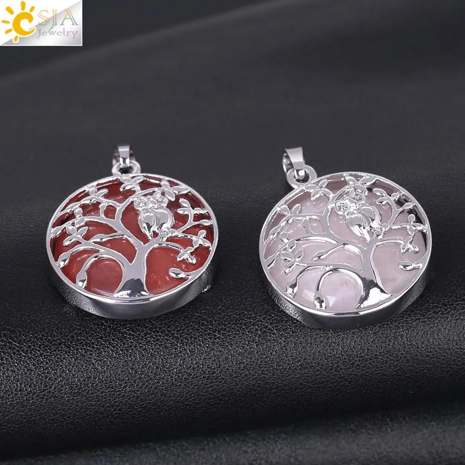 CSJA Tree of Life Pendant Necklace Natural Stone Flat Bead Owl on Trees Crystal Beads Pendants Handmade Reiki Charm Jewelry F337