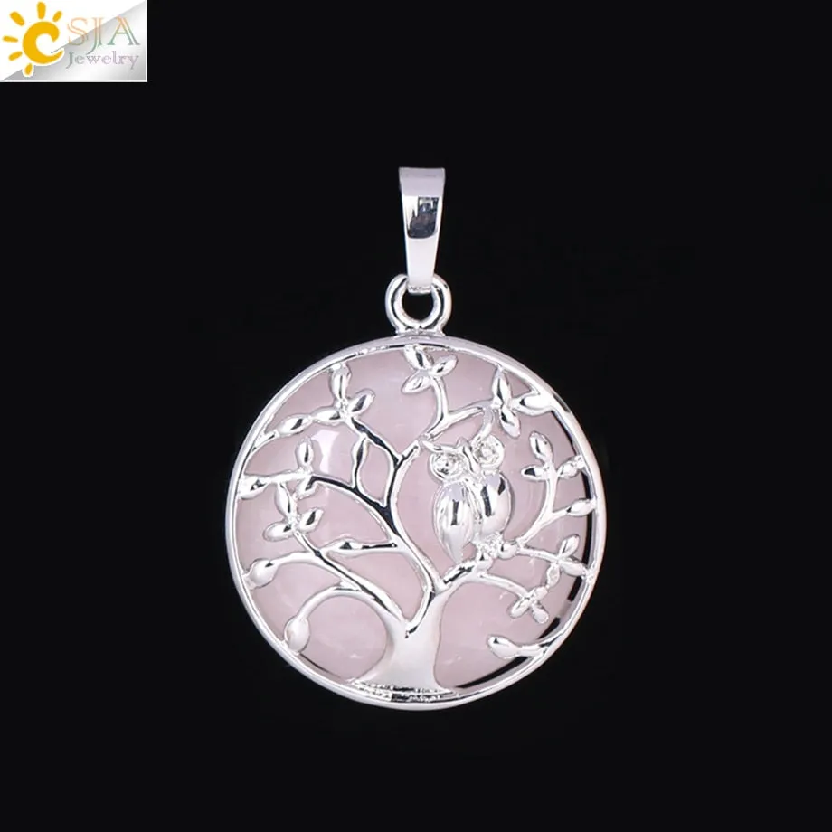 CSJA Tree of Life Pendant Necklace Natural Stone Flat Bead Owl on Trees Crystal Beads Pendants Handmade Reiki Charm Jewelry F337