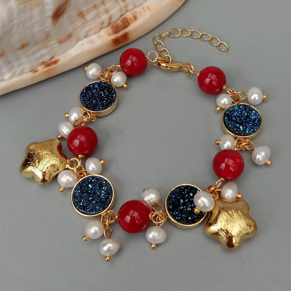 Cultured White Pearl Blue Titanium Druzy Red Coral Charm Bracelet