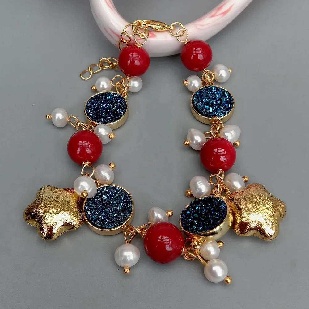 Cultured White Pearl Blue Titanium Druzy Red Coral Charm Bracelet