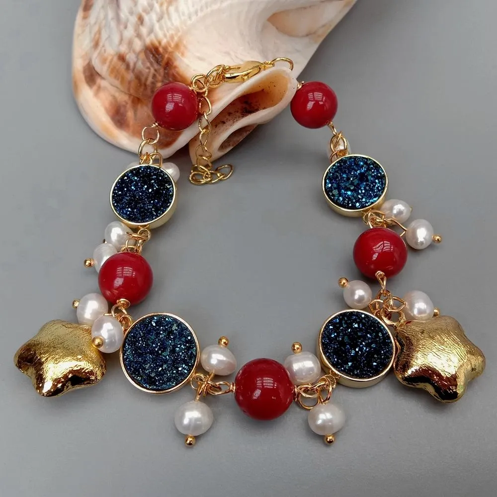 Cultured White Pearl Blue Titanium Druzy Red Coral Charm Bracelet