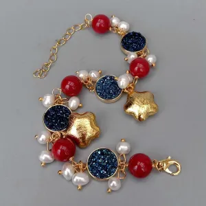 Cultured White Pearl Blue Titanium Druzy Red Coral Charm Bracelet