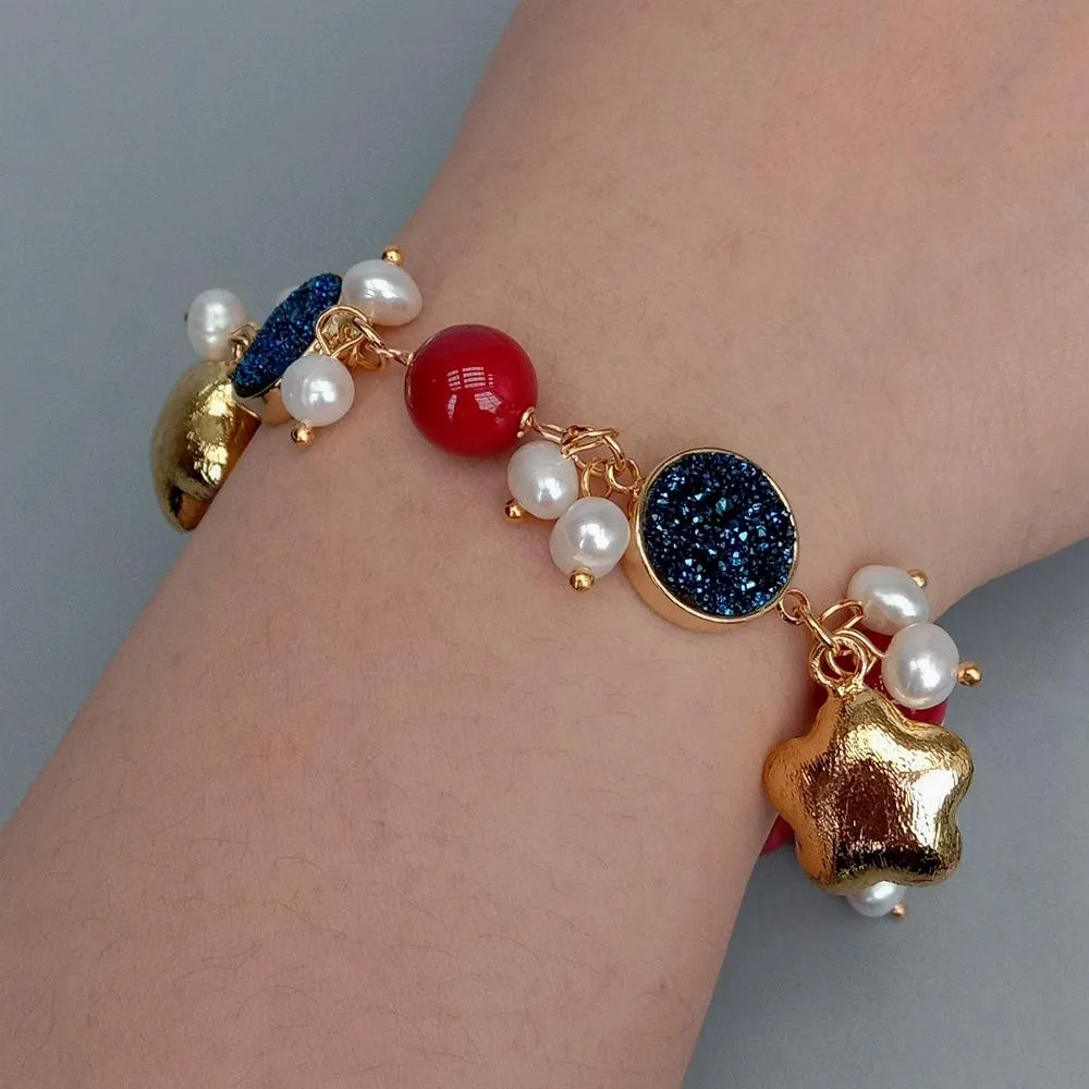 Cultured White Pearl Blue Titanium Druzy Red Coral Charm Bracelet