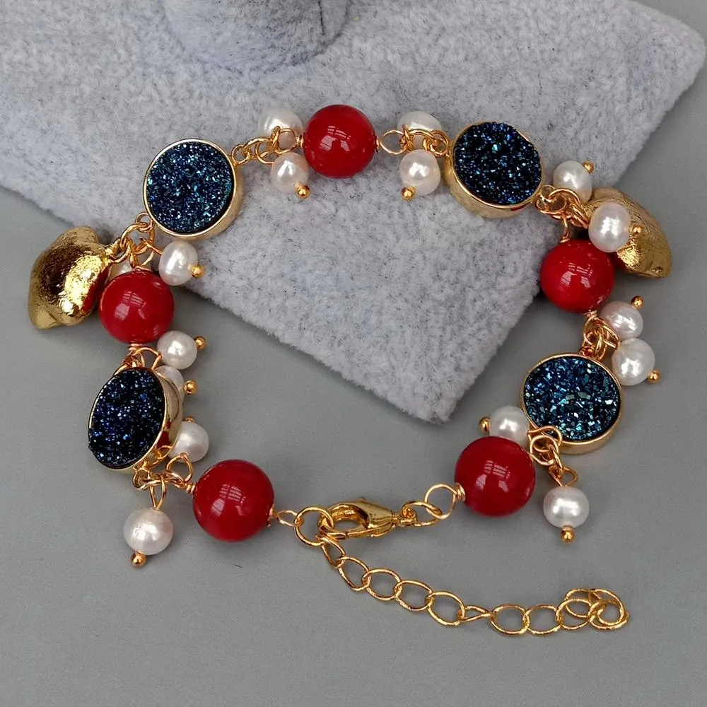 Cultured White Pearl Blue Titanium Druzy Red Coral Charm Bracelet