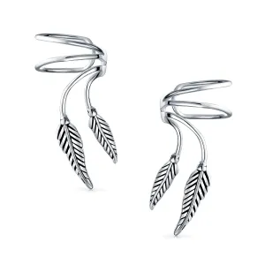 Double Leaf Feather Ear Cuff Cartilage Clip Wrap Earrings Non-Pierced Sterling Silver