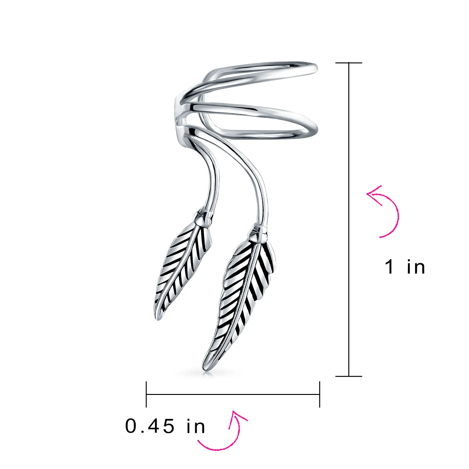 Double Leaf Feather Ear Cuff Cartilage Clip Wrap Earrings Non-Pierced Sterling Silver