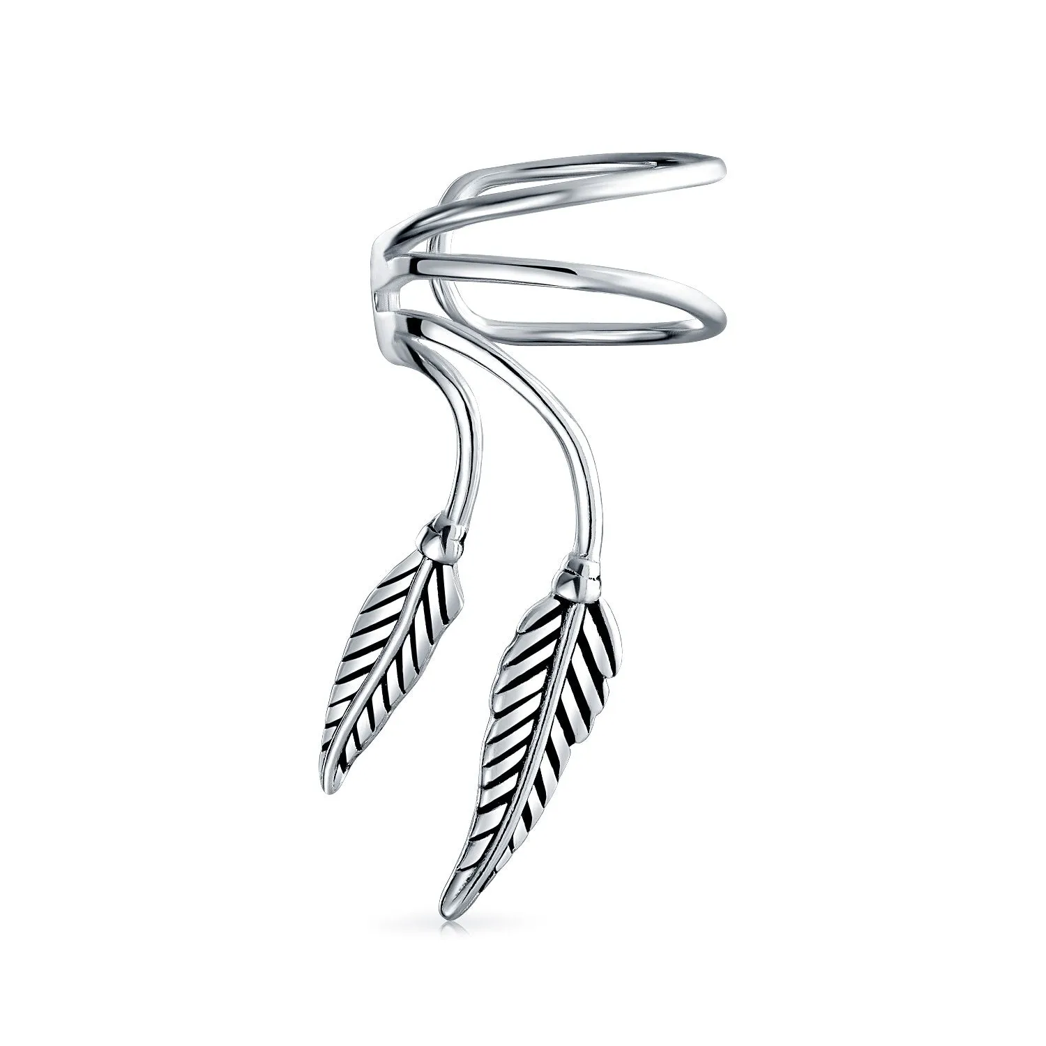 Double Leaf Feather Ear Cuff Cartilage Clip Wrap Earrings Non-Pierced Sterling Silver