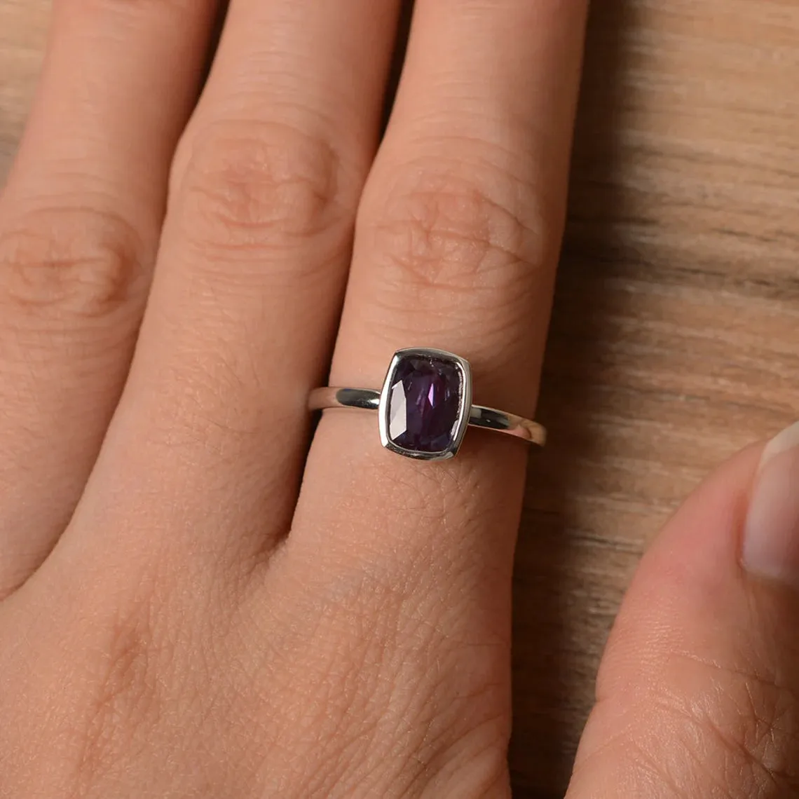 Elegant Cushion Cut Lab Alexandrite Bezel Set Promise Rings - 925 Sterling Silver Rings