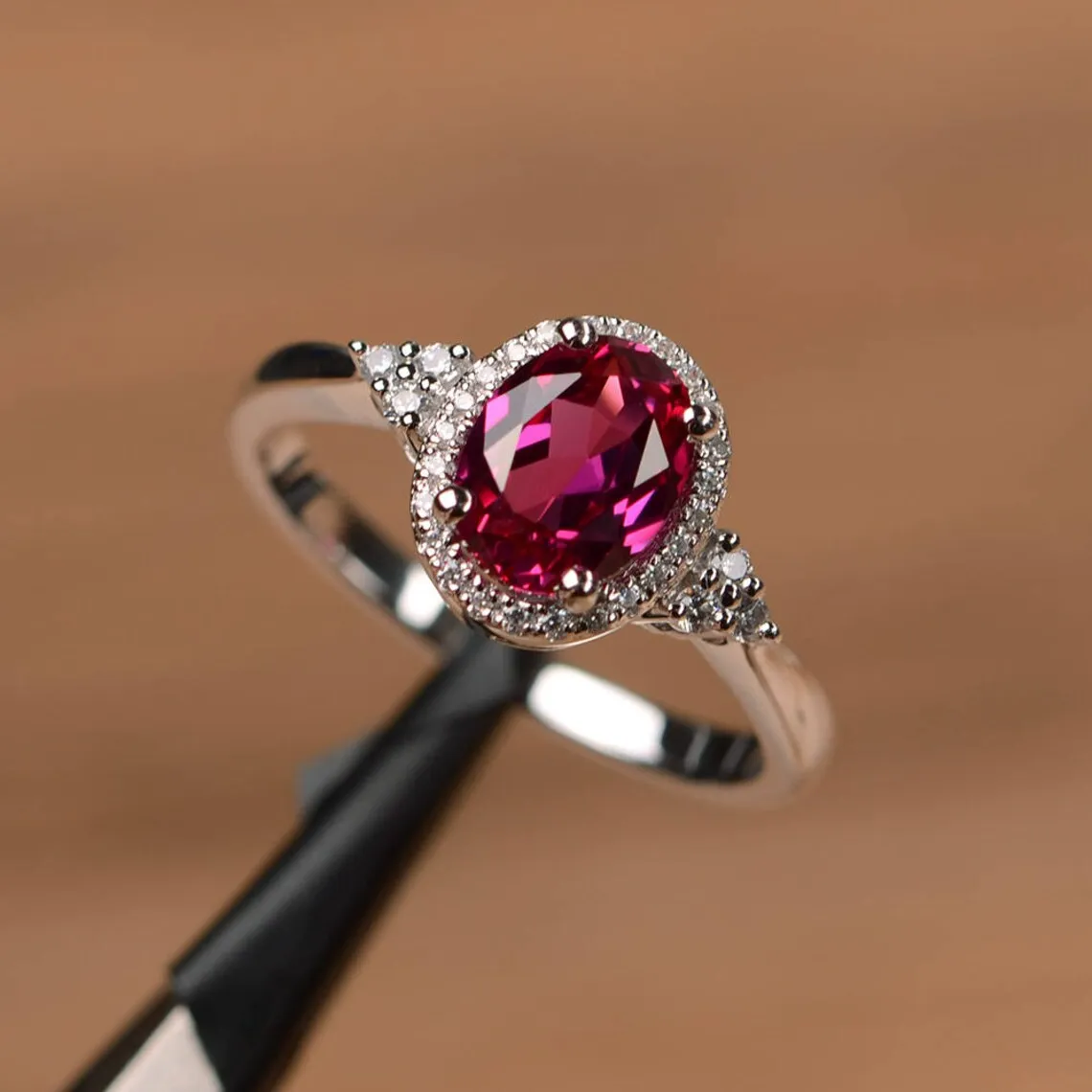 Elegant Oval Cut Ruby Halo Engagement Rings For Women - 925 Sterling Silver Ring