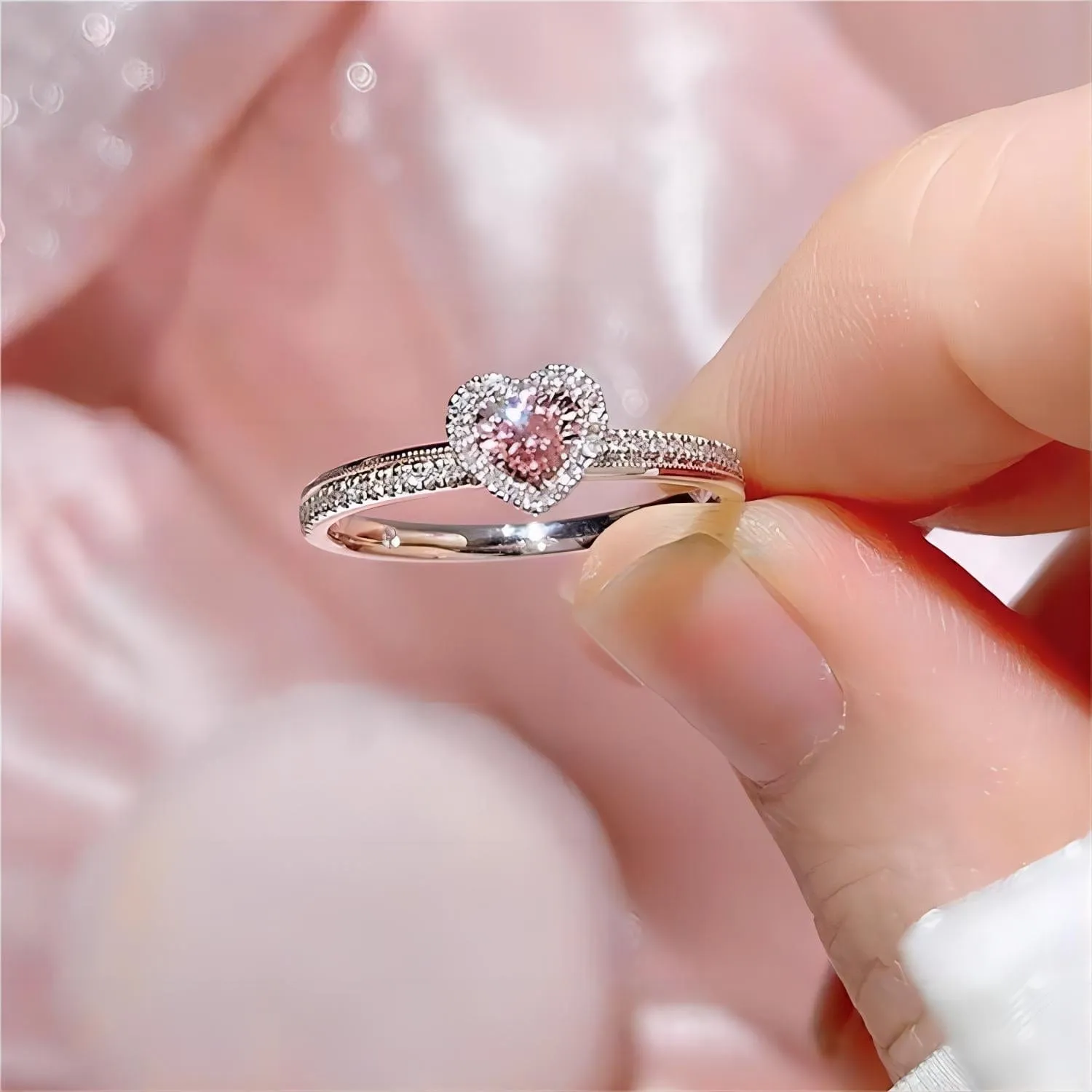 Elegant Pink Crystal Heart Ring