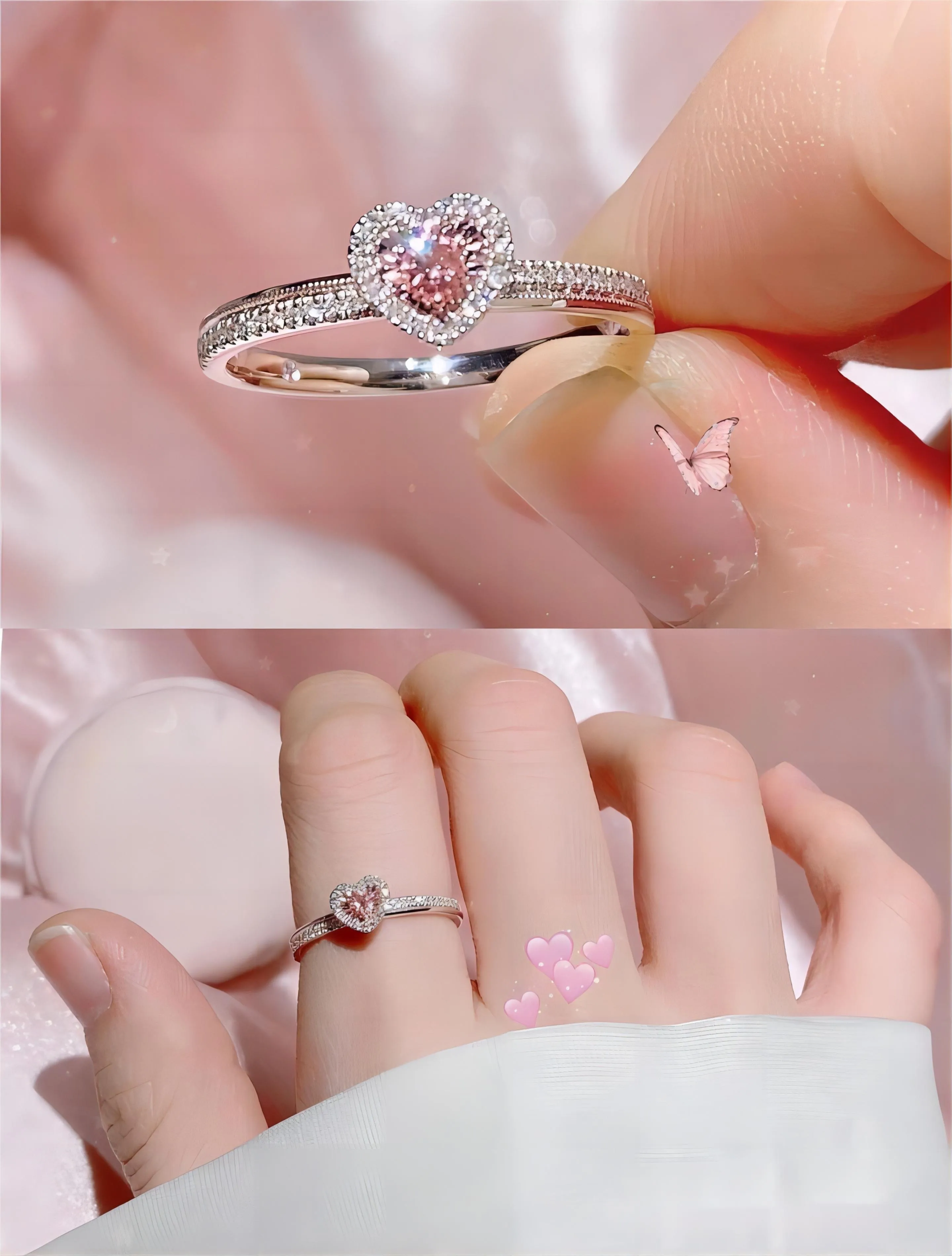 Elegant Pink Crystal Heart Ring