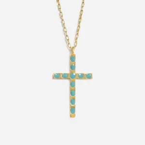 Enamel Cross Pendant (Aquamarine) - Gold