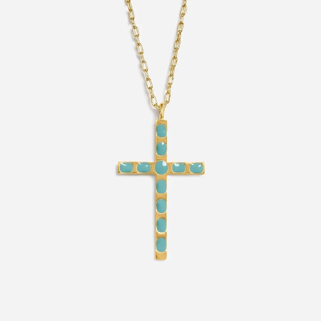 Enamel Cross Pendant (Aquamarine) - Gold