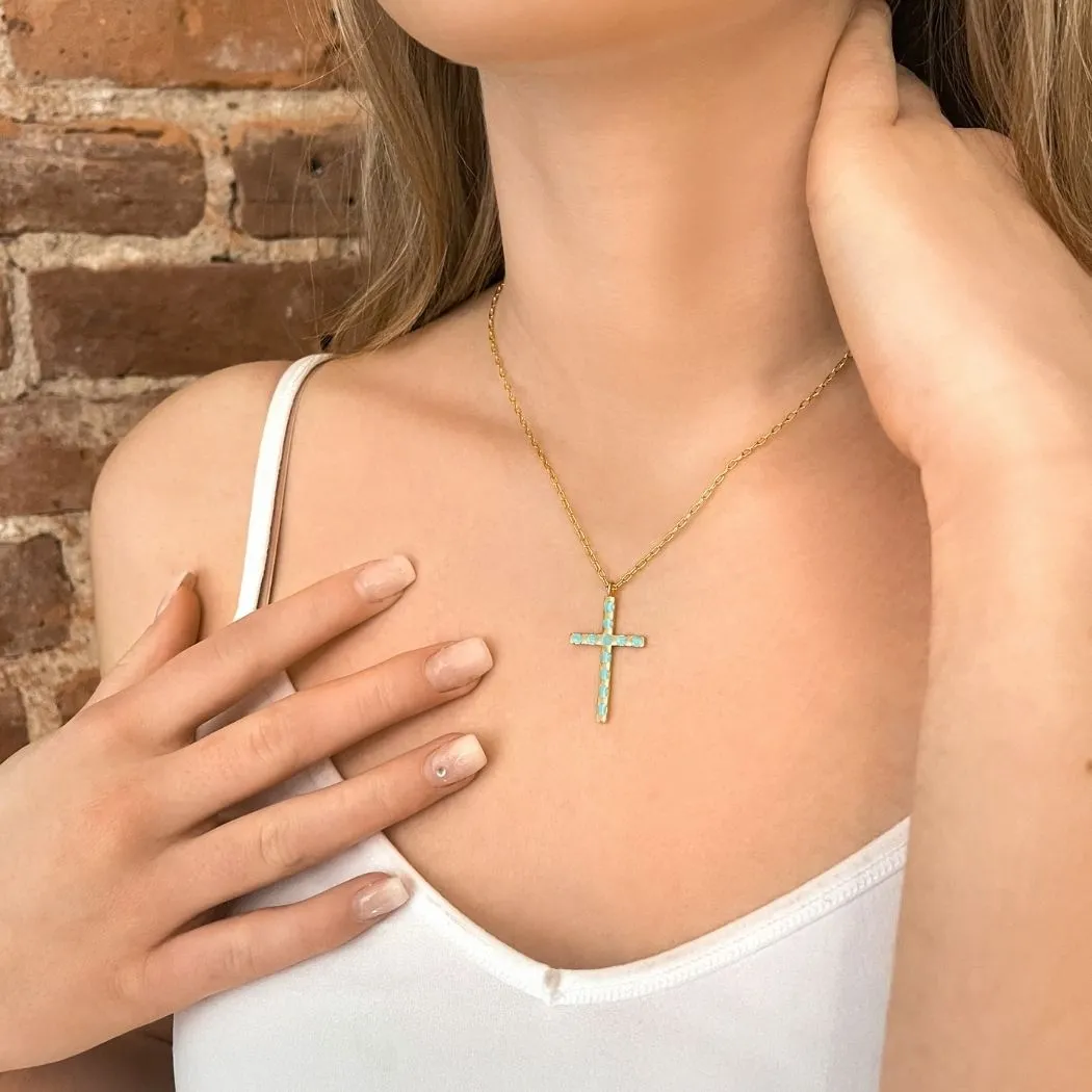 Enamel Cross Pendant (Aquamarine) - Gold