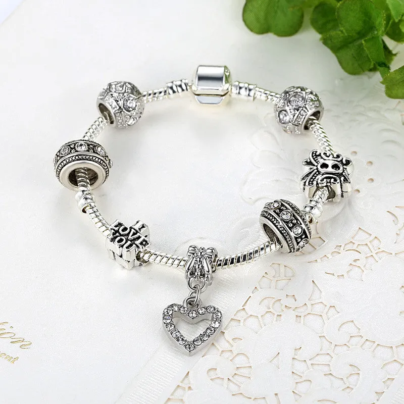 Fashion Silver Heart Charm bracelet for Women Crystal Beads Bracelet Original Women Bracelets Bangle DIY Jewelry Pulseries Gift