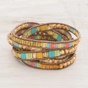 Fields of Happiness Colorful Blue Yellow and Orange Glass Bead Wrap Bracelet