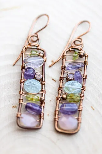 Framed Gemstone Earrings | Hand-hammered Copper with Amethyst, Peridot, Aquamarine & Rose Quartz