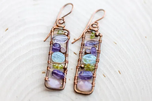 Framed Gemstone Earrings | Hand-hammered Copper with Amethyst, Peridot, Aquamarine & Rose Quartz