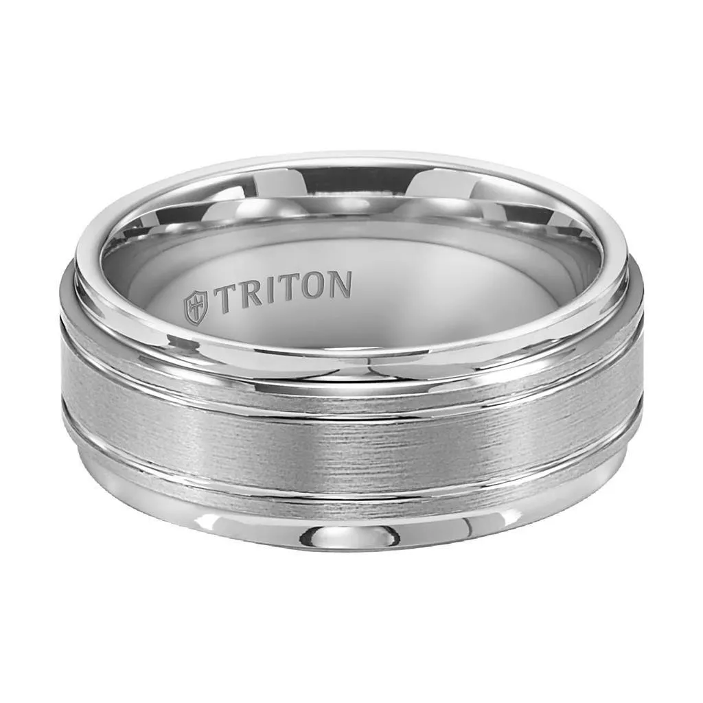 FREEMAN Step Edge White Tungsten Carbide Comfort Fit Ring with Raised Brushed Center and Polished Offset Grooves by Triton Rings - 9 mm