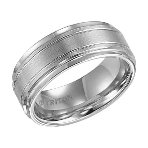 FREEMAN Step Edge White Tungsten Carbide Comfort Fit Ring with Raised Brushed Center and Polished Offset Grooves by Triton Rings - 9 mm