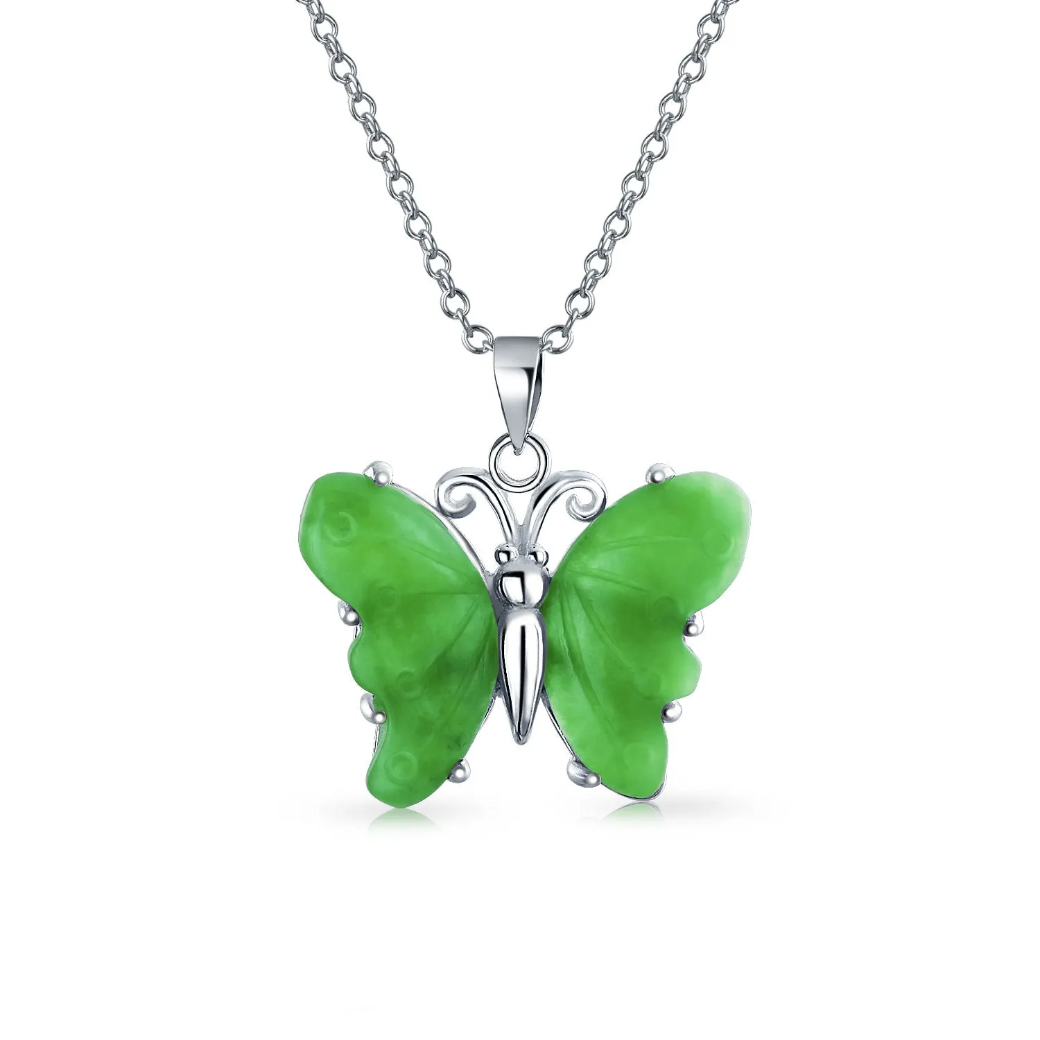 Garden Butterfly Carved Pink Green Jade Quartz Pendant Sterling Silver