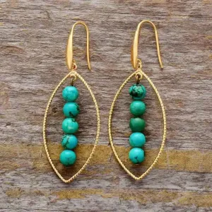 Gold Leaf Turquoise Dangle Earrings - Bohemian Style Jewelry for Women