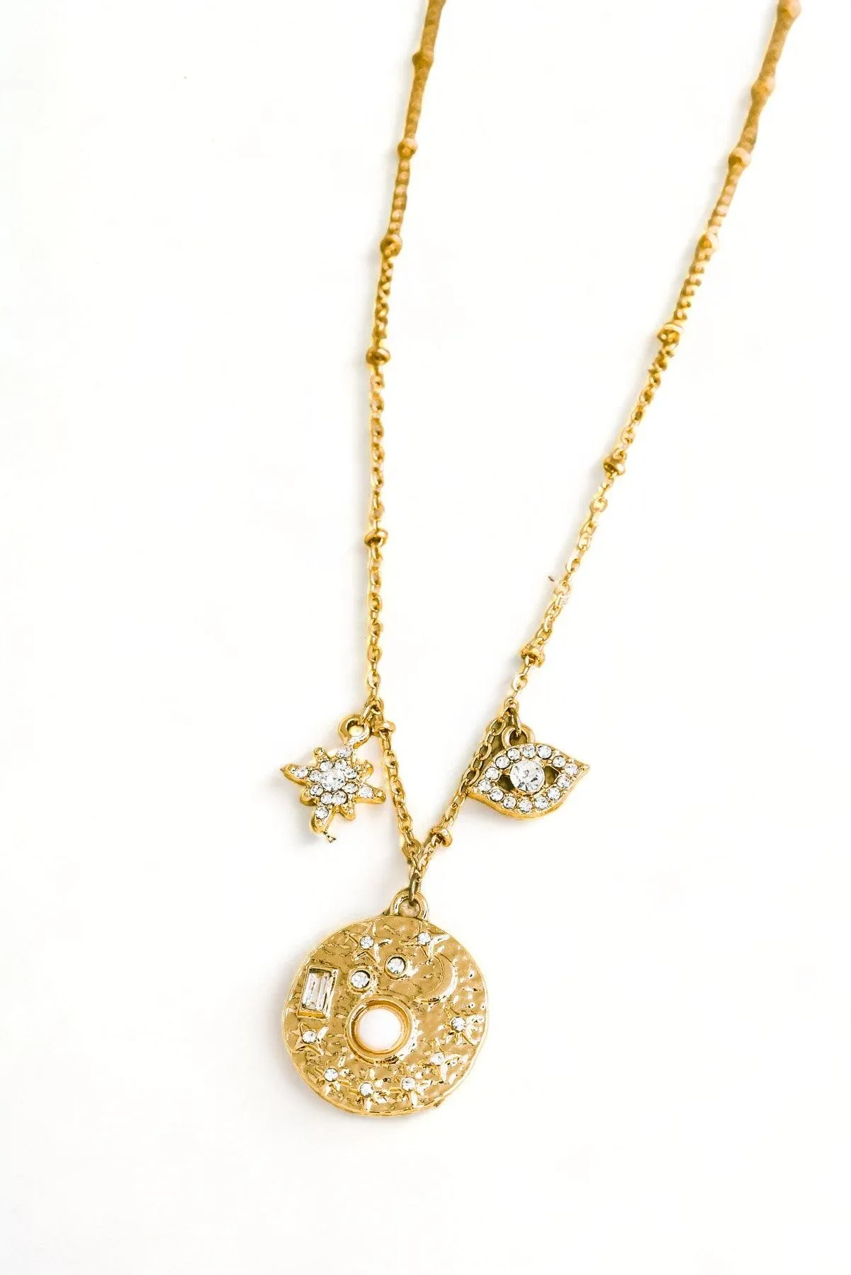 Gold Moon Star Evil Eye Rhinestone Pendent Necklace