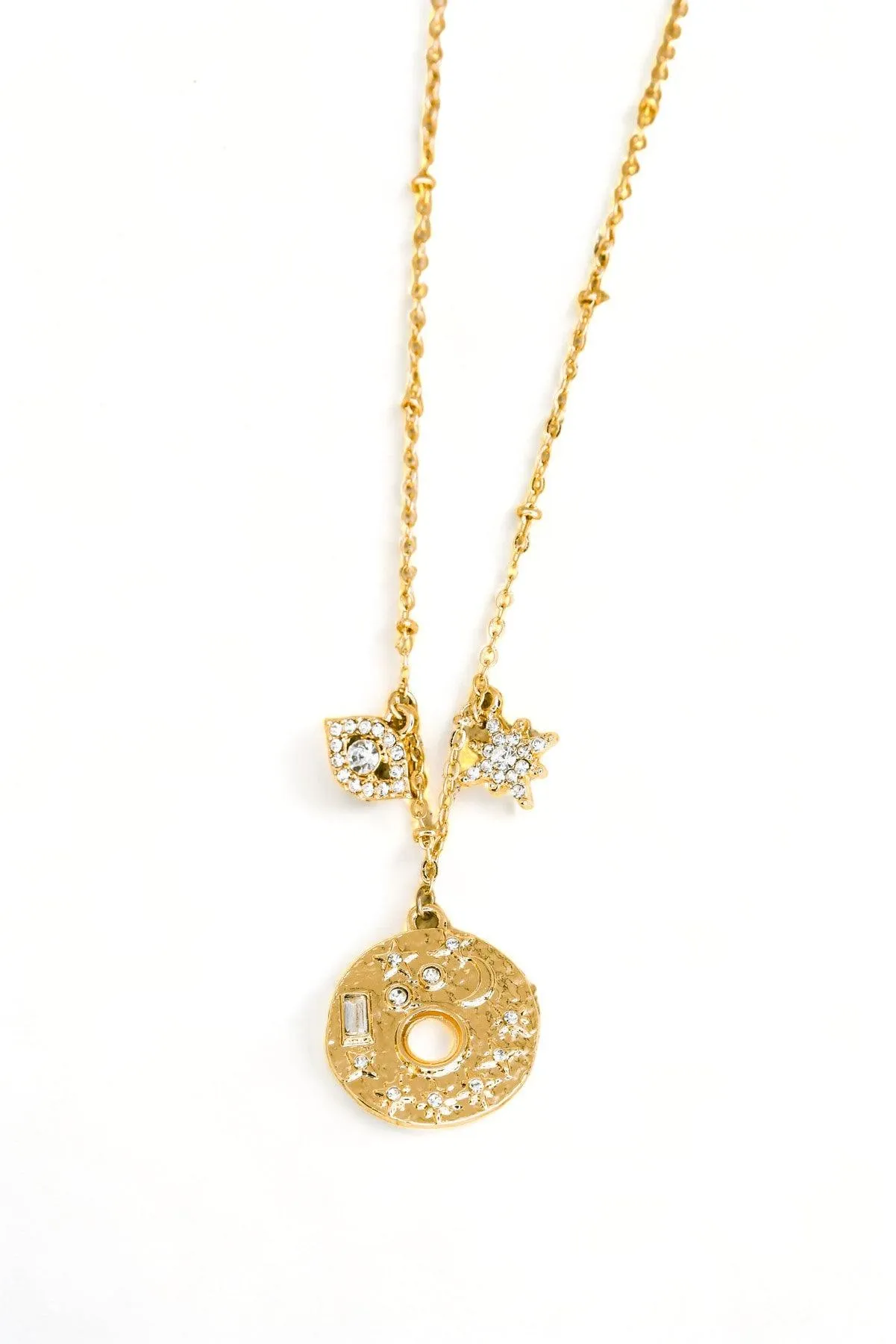 Gold Moon Star Evil Eye Rhinestone Pendent Necklace