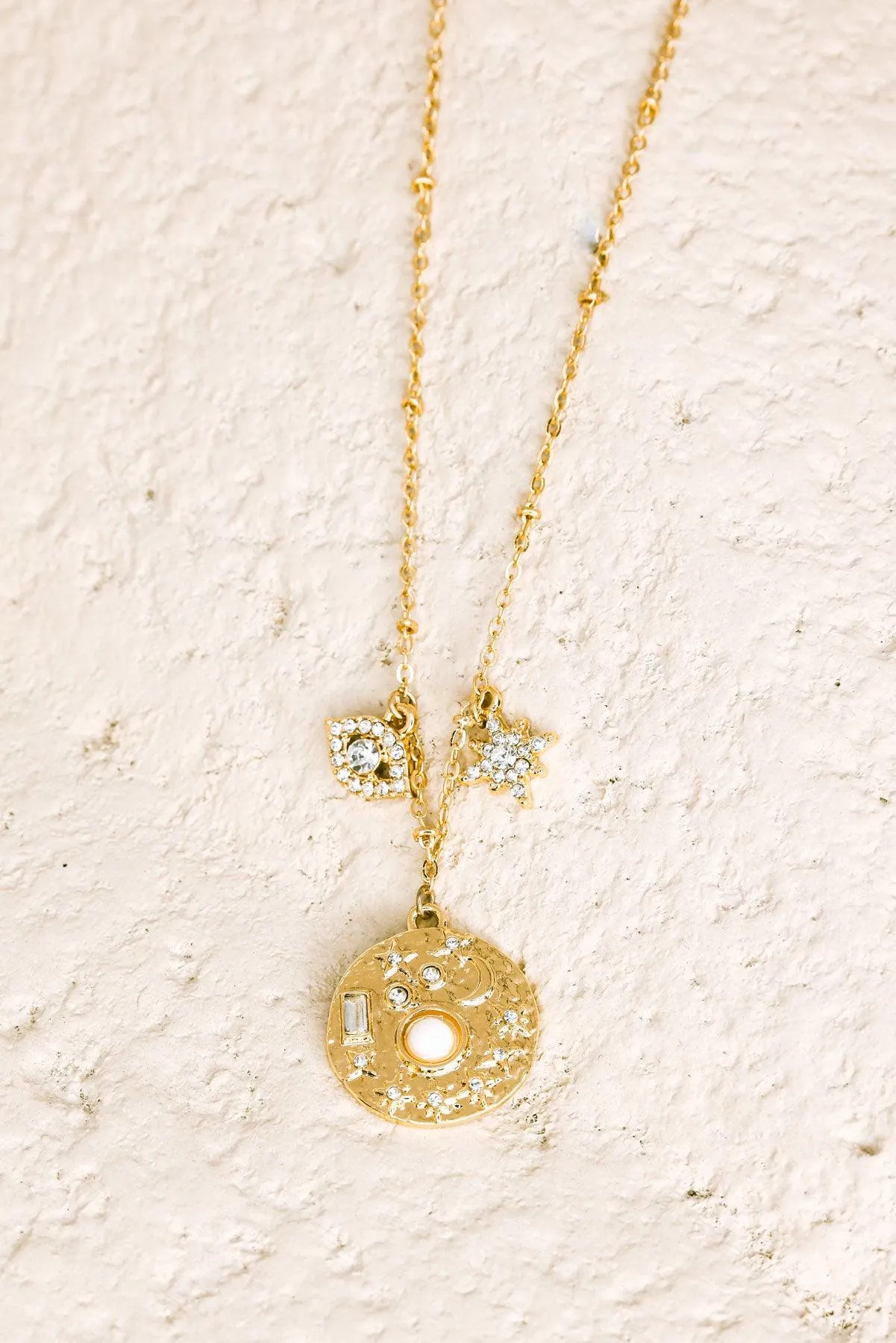 Gold Moon Star Evil Eye Rhinestone Pendent Necklace