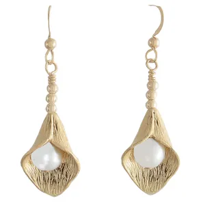 Gold petal enfolding a Pearl on French wire Earrings