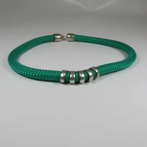 Green Cotton Cord  Necklace Silver Accents