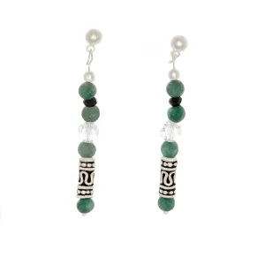 Green Jade, Crystal, Black Sapphire & Sterling Silver Post Earrings