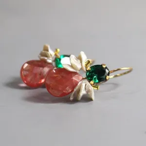 Green Zircon Cherry Quartz Bee Earrings