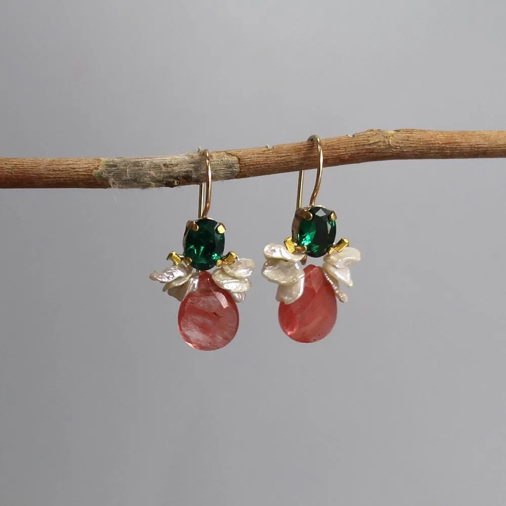 Green Zircon Cherry Quartz Bee Earrings