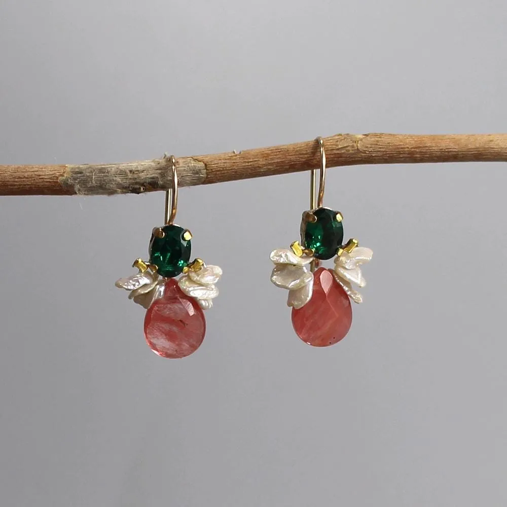 Green Zircon Cherry Quartz Bee Earrings