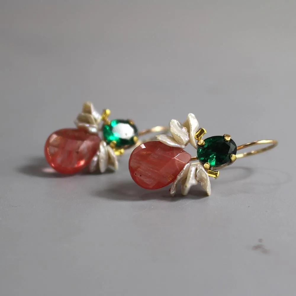 Green Zircon Cherry Quartz Bee Earrings