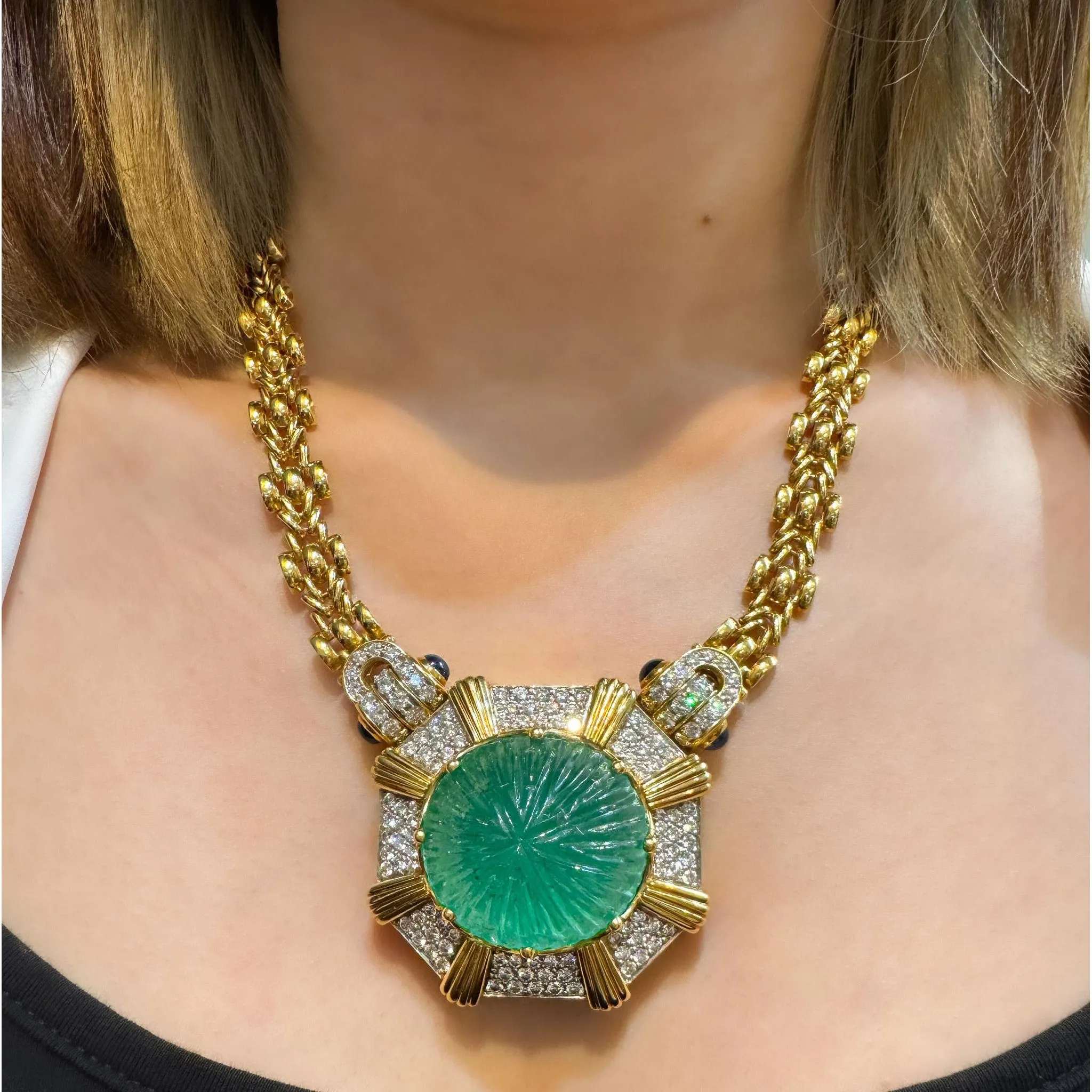 GRS Certified 108 Carat Carved Pastel Green Emerald Regal Pendant Necklace