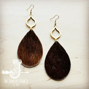 *Hair Hide Leather Teardrop Earrings Brown w/ Matte Gold Dangle 219t