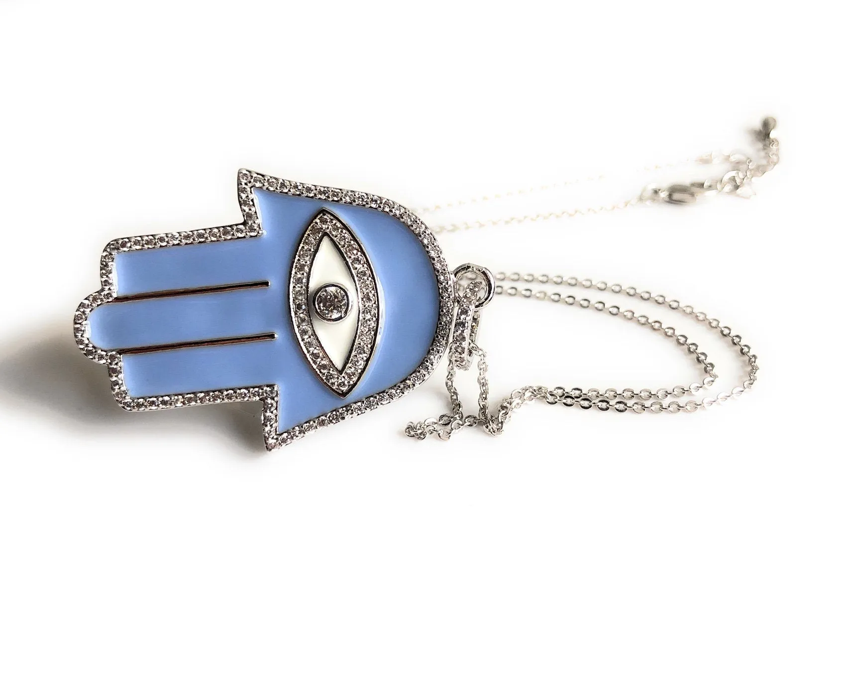 Hamsa Hand Necklace Evil Eye Silver Plated Pendant