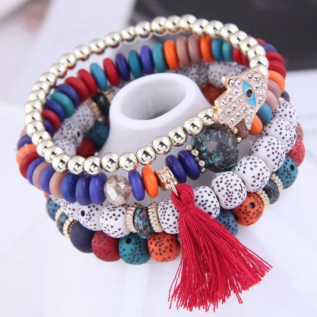 Heart Charm Beads Bracelets Set Women Lava Stone Multilayer Bohemia Bracelet Resin Beads Bracelets For Women Bijoux