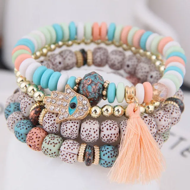 Heart Charm Beads Bracelets Set Women Lava Stone Multilayer Bohemia Bracelet Resin Beads Bracelets For Women Bijoux