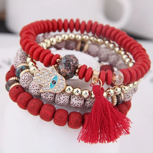 Heart Charm Beads Bracelets Set Women Lava Stone Multilayer Bohemia Bracelet Resin Beads Bracelets For Women Bijoux