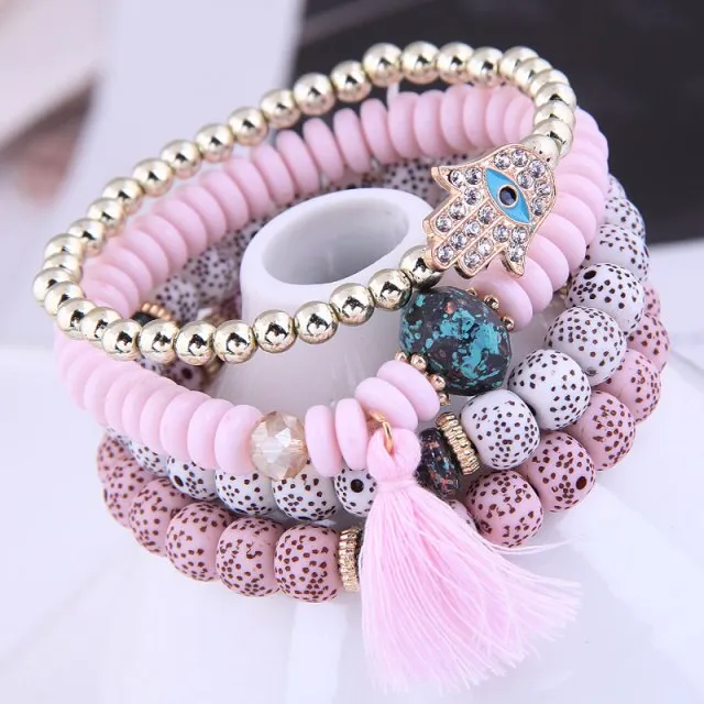 Heart Charm Beads Bracelets Set Women Lava Stone Multilayer Bohemia Bracelet Resin Beads Bracelets For Women Bijoux