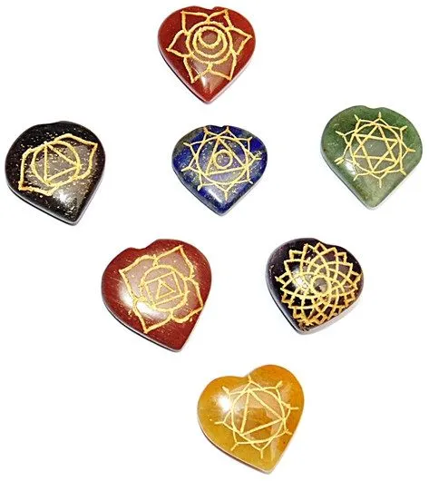 Heart shaped Chakra set 7 stones etched engraved Crystal Healing Reiki Wicca Etc