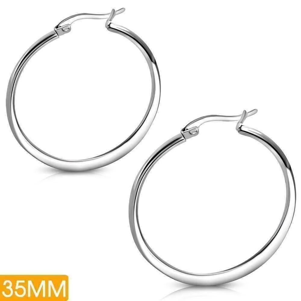 Highly Polished Stainless Steel 316 Classic Hoop Earrings Available in Two Sizes