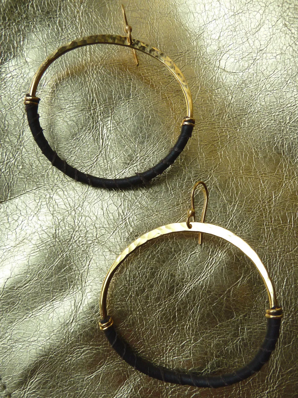 HOOP EARRINGS HAMMERED BRASS LEATHER SMALL LARGE